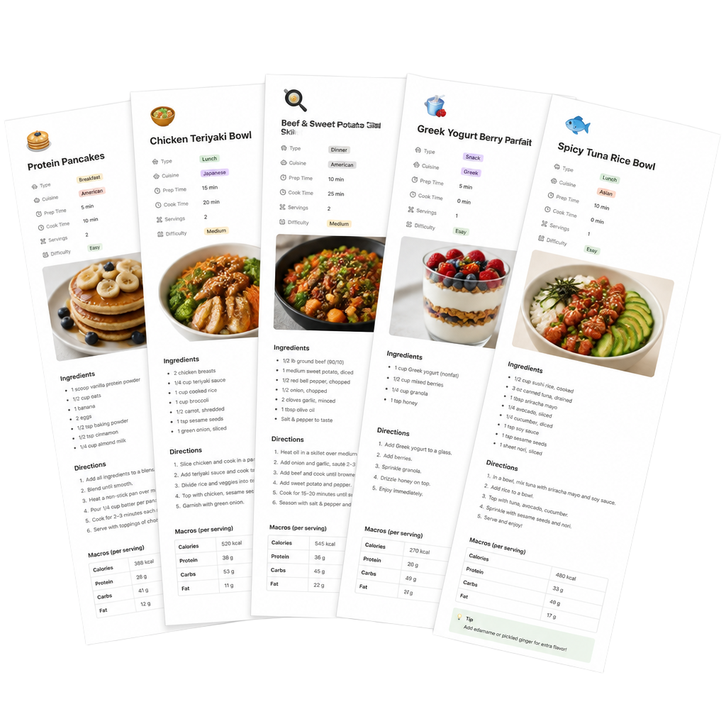 Fan of Notion recipe pages from the pixll template, spread like playing cards